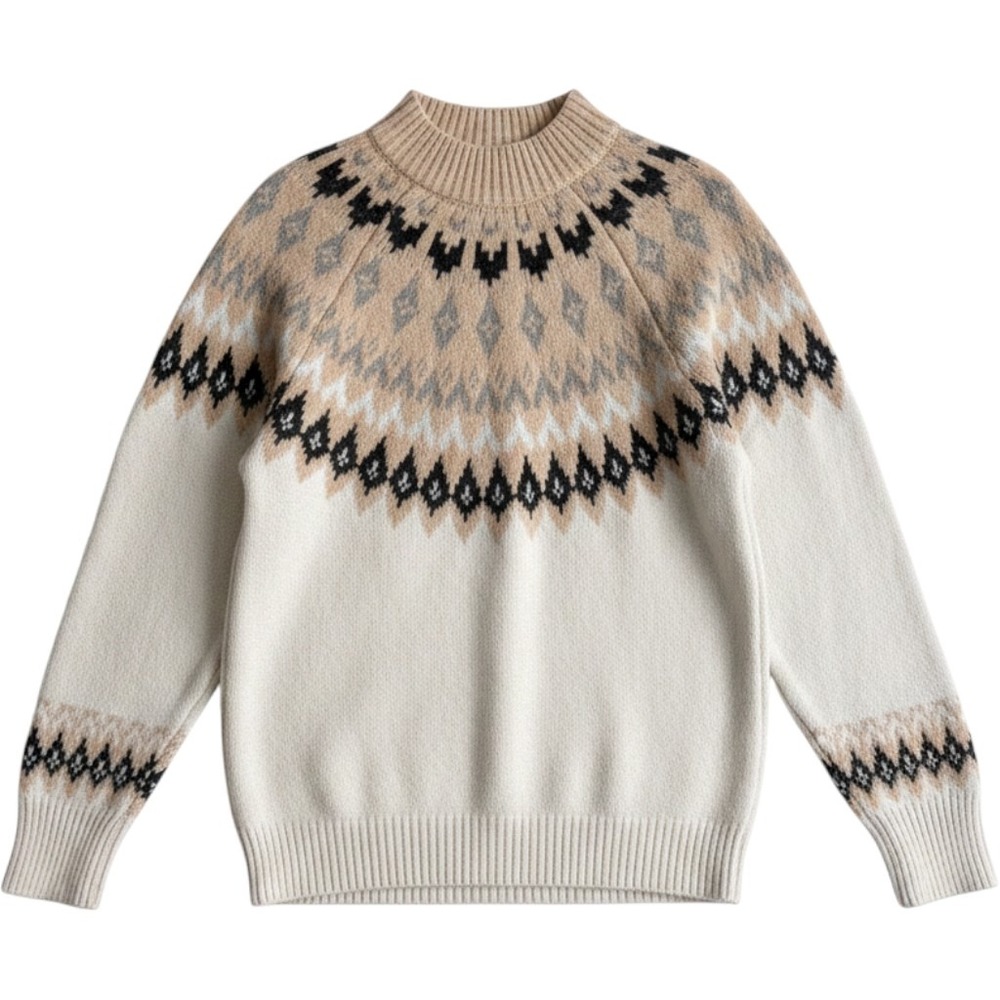 Rachel Zoe Womens Fair Isle Mock Neck Sweater Cream Tan Black Knit Pullover Med